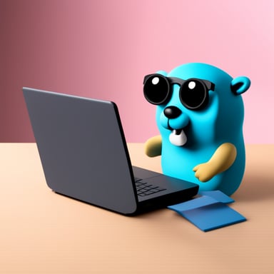 Go Blue Gopher in front of a laptop coding, 3d style