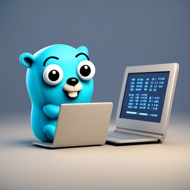 Go Blue Gopher in front of a laptop coding, 3d style