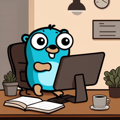 Go Blue Gopher in front of a laptop coding a fine line drawing.