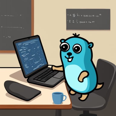 Go Blue Gopher in front of a laptop coding a fine line drawing.