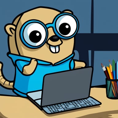 Go Blue Gopher in front of a laptop coding a fine line drawing.