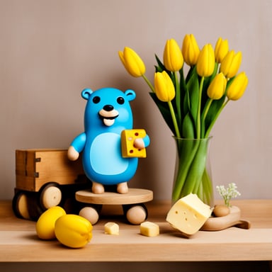 Go Blue Gopher, happy with cheese, wooden shoes, and tulips.