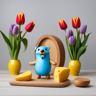 Go Blue Gopher, happy with cheese, wooden shoes, and tulips.