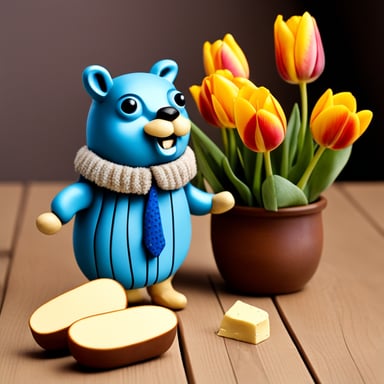 Go Blue Gopher, happy with cheese, wooden shoes, and tulips.