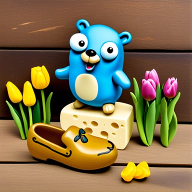 Go Blue Gopher, happy with cheese, wooden shoes, and tulips.