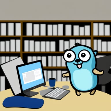 Go Blue Gopher working on a database