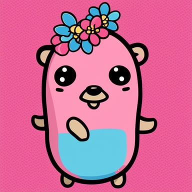 Create an extremely cute and happy, pink-colored Go Blue Gopher with a cute flower on its hair.