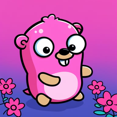 Create an extremely cute and happy, pink-colored Go Blue Gopher with a cute flower on its hair.
