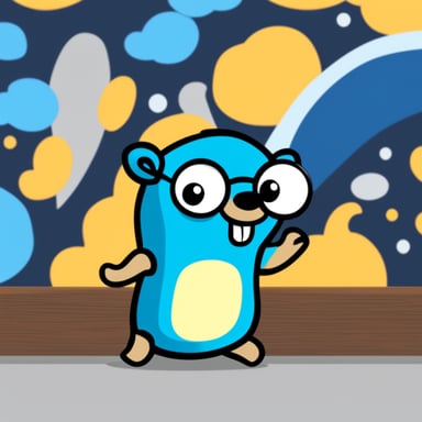 Go Blue Gopher is cool and is a 10x developer at a media company, coding in the programming language Golang, inspired by Van Gogh.