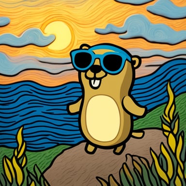 Go Blue Gopher with sunglasses, inspired by Van Gogh, stands proudly with the sun setting behind him.