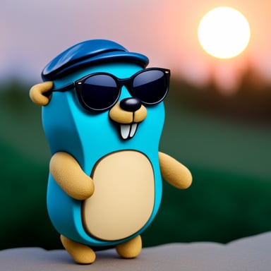 Go Blue Gopher with sunglasses, inspired by Van Gogh, stands proudly with the sun setting behind him.