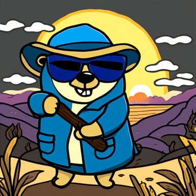 Go Blue Gopher with sunglasses, inspired by Van Gogh, stands proudly with the sun setting behind him.