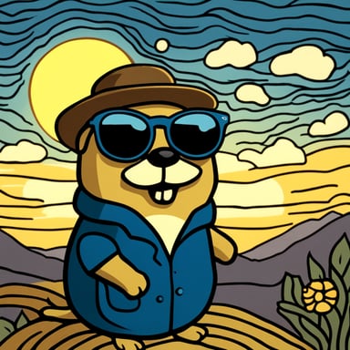 Go Blue Gopher with sunglasses, inspired by Van Gogh, stands proudly with the sun setting behind him.