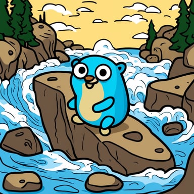 Go Blue Gopher is bouldering on a boulder next to flowing water, inspired by Van Gogh.