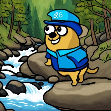 Go Blue Gopher is bouldering on a boulder next to flowing water, inspired by Van Gogh.