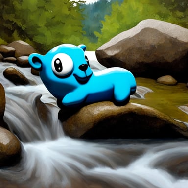 Go Blue Gopher is bouldering on a boulder next to flowing water, inspired by Van Gogh.