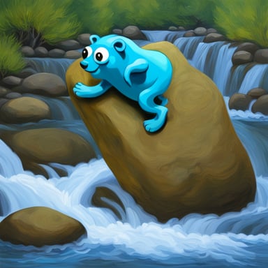 Go Blue Gopher climbing on a boulder next to flowing water, inspired by Van Gogh.