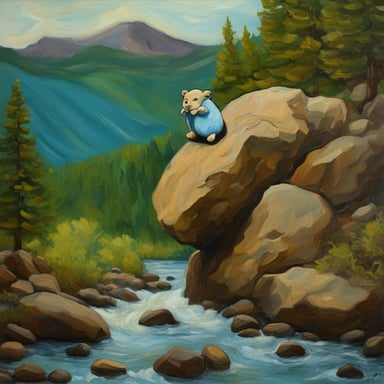 Go Blue Gopher climbing on a boulder next to flowing water, inspired by Van Gogh.