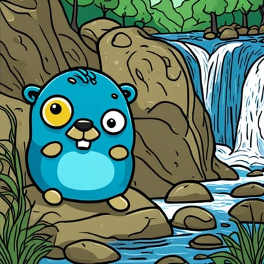Go Blue Gopher climbing on a boulder next to flowing water, inspired by Van Gogh.