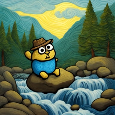 Go Blue Gopher climbing on a boulder next to flowing water, inspired by Van Gogh.