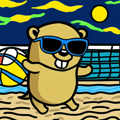 Go Blue Gopher with sunglasses playing beach volleyball, picture inspired by Van Gogh.