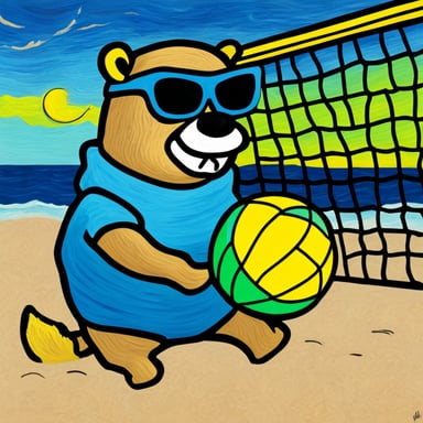 Go Blue Gopher with sunglasses playing beach volleyball, picture inspired by Van Gogh.