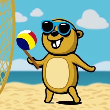 Go Blue Gopher with sunglasses playing beach volleyball, picture inspired by Van Gogh.