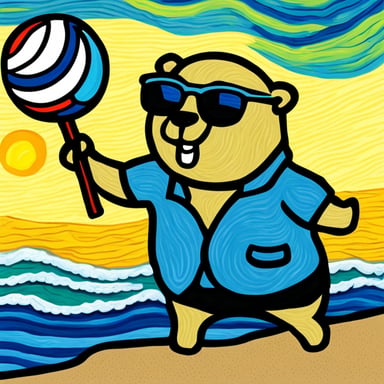 Go Blue Gopher with sunglasses playing beach volleyball, picture inspired by Van Gogh.