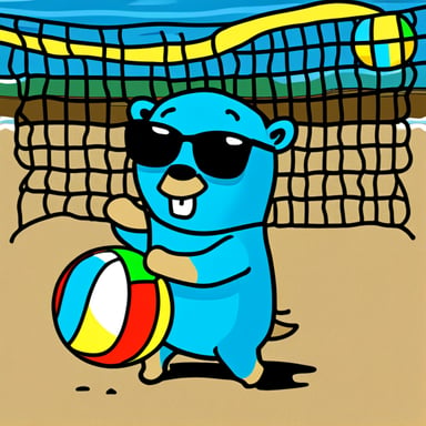Go Blue Gopher, colored blue with black sunglasses, is playing beach volleyball in a scene inspired by Van Gogh.