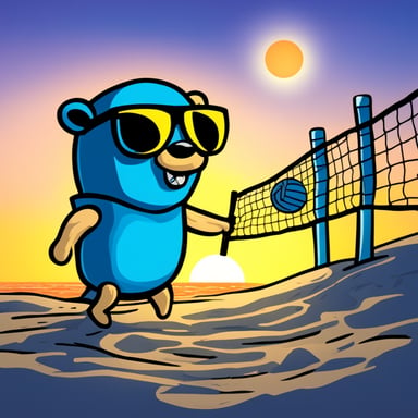 Go Blue Gopher, colored blue with black sunglasses, is playing beach volleyball in a scene inspired by Van Gogh.