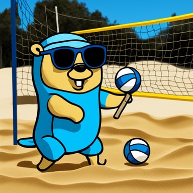 Go Blue Gopher, colored blue with black sunglasses, is playing beach volleyball in a scene inspired by Van Gogh.
