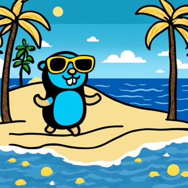 Go Blue Gopher, colored blue with black sunglasses, is playing beach volleyball in a scene inspired by Van Gogh.