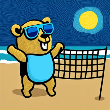 Go Blue Gopher, colored blue, holding a beach volleyball, with black sunglasses, is playing beach volleyball in a scene inspired by Van Gogh.