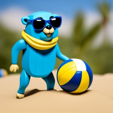 Go Blue Gopher, colored blue, holding a beach volleyball, with black sunglasses, is playing beach volleyball in a scene inspired by Van Gogh.