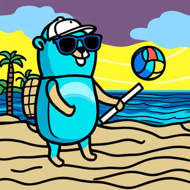 Go Blue Gopher, colored blue, holding a beach volleyball, with black sunglasses, is playing beach volleyball in a scene inspired by Van Gogh.