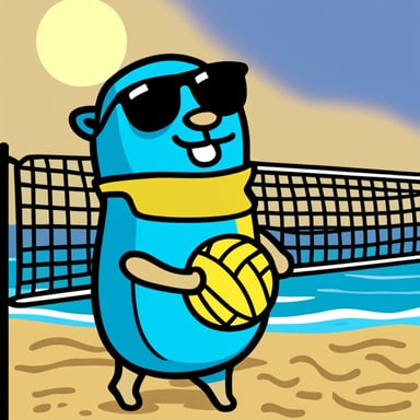 Go Blue Gopher, colored blue, holding a beach volleyball, with black sunglasses, is playing beach volleyball in a scene inspired by Van Gogh.