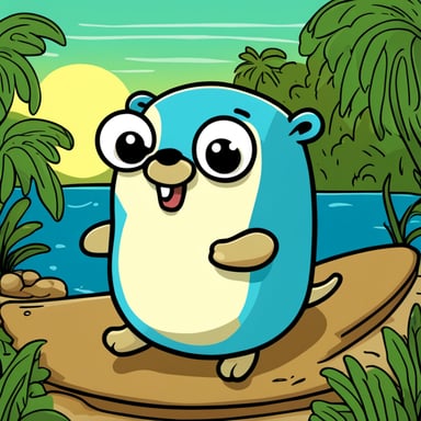 Go Blue Gopher is a happy gopher who likes surfing, enjoys the hot weather, adores tropical nature, loves sunbathing, and is fond of swimming.