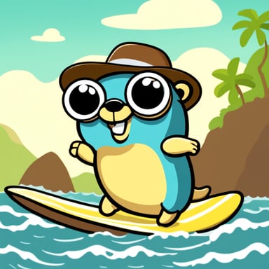 Go Blue Gopher is a happy gopher who likes surfing, enjoys the hot weather, adores tropical nature, loves sunbathing, and is fond of swimming.