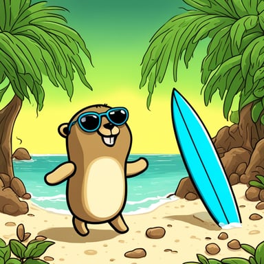 Go Blue Gopher is a happy gopher who likes surfing, enjoys the hot weather, adores tropical nature, loves sunbathing, and is fond of swimming.