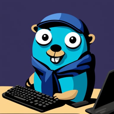 Go blue gopher hacking on a computer