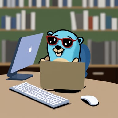 Go blue gopher hacking on a computer