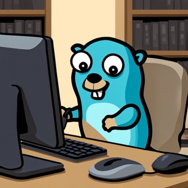 Go blue gopher hacking on a computer