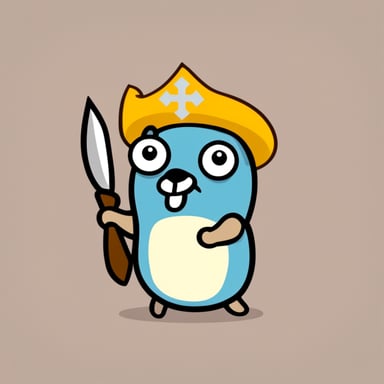 Go Blue Gopher with a serious face expression, holding a shield.