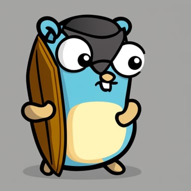 Go Blue Gopher with a serious face expression, holding a shield.
