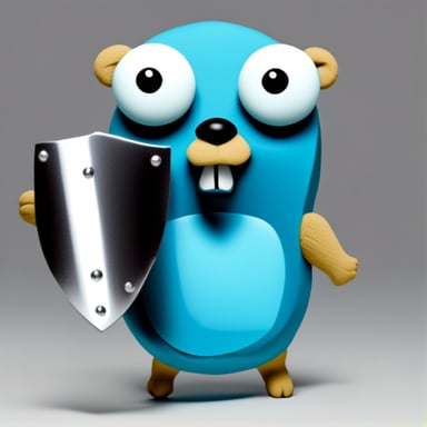 Go Blue Gopher with a serious face expression, holding a shield.