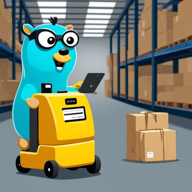 Go Blue Gopher, holding a barcode scanner and checklist, stands near a forklift with packages.