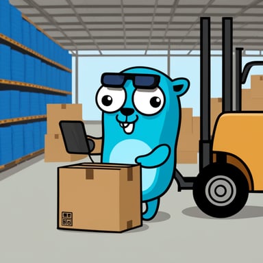 Go Blue Gopher, holding a barcode scanner and checklist, stands near a forklift with packages.