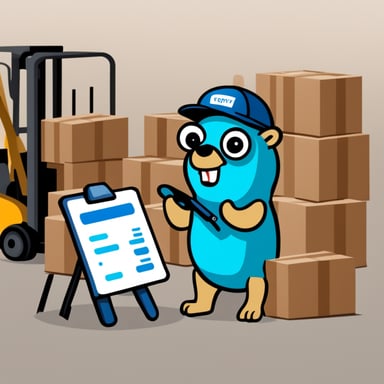 Go Blue Gopher, holding a barcode scanner and checklist, stands near a forklift with packages.