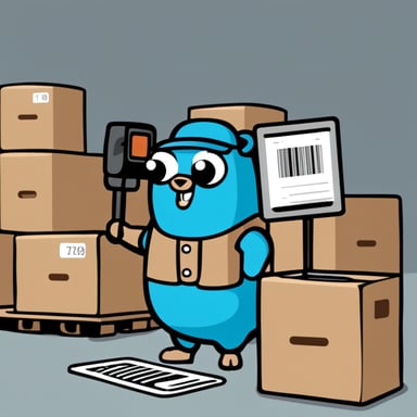 Go Blue Gopher holding a barcode scanner and checklist, standing near a forklift with packages, in simple cartoon style.