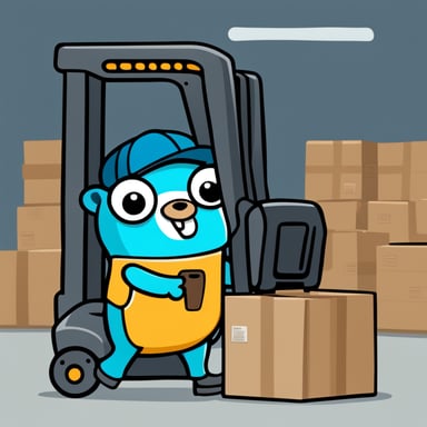Go Blue Gopher holding a barcode scanner and checklist, standing near a forklift with packages, in simple cartoon style.